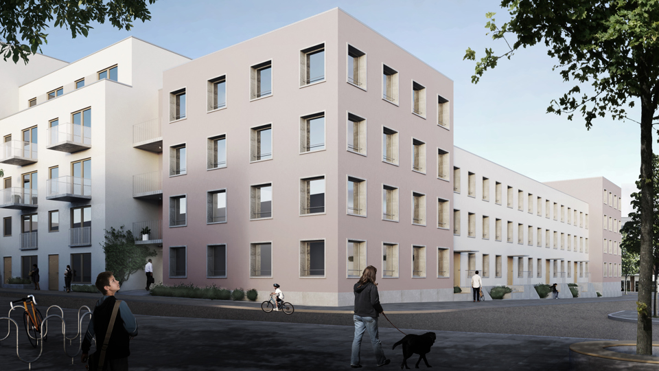 Flerbostadshus i ljusbeige kulör och 3-4 våningar. Människor i rörelse vid gatuhörn intill.  Illustration